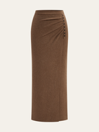Ruched Side Button Wool Blend Sweater Skirt