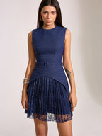 Belted Pleated Lace Mini Dress