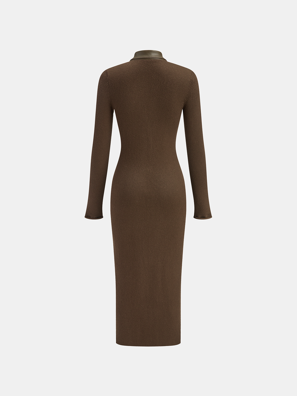 Shirt Collar Faux Leather Panel Ribbed Midi Dress