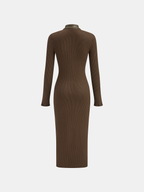 Shirt Collar Faux Leather Panel Ribbed Midi Dress