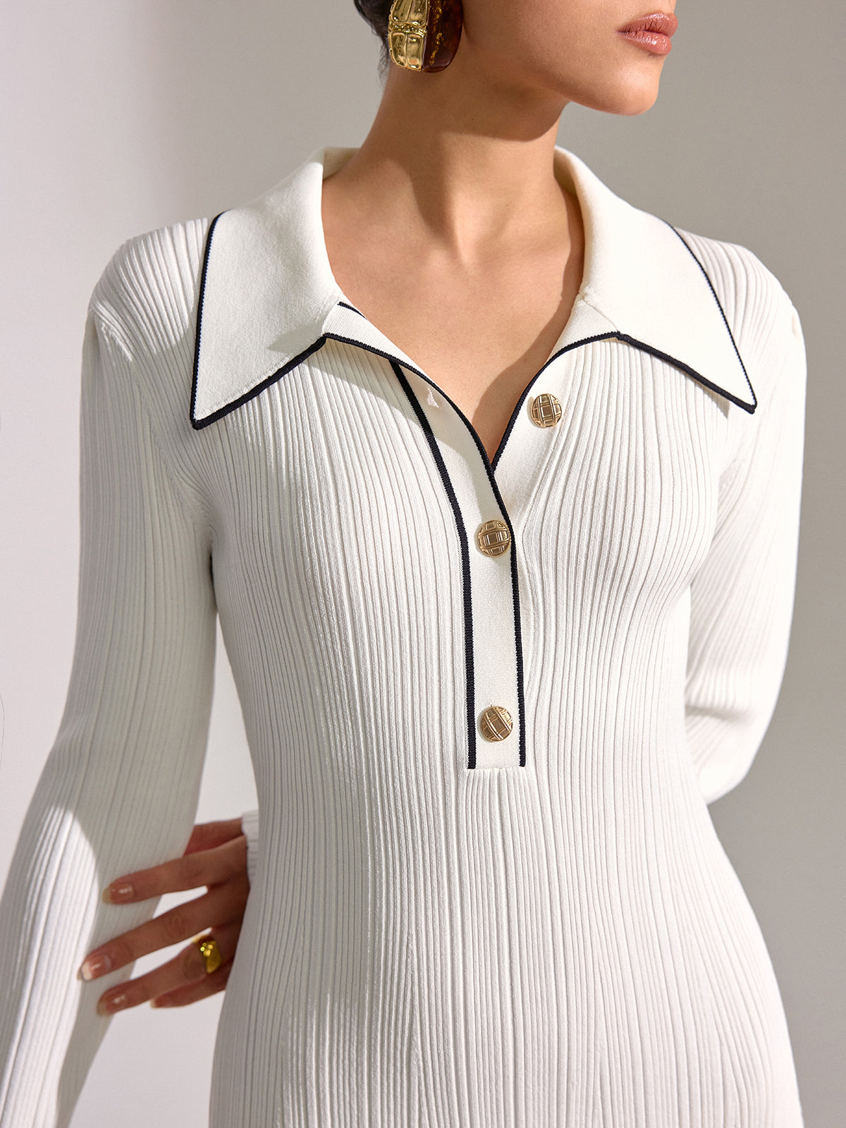 Contrast Trim Collar Long Sleeve Mini Dress