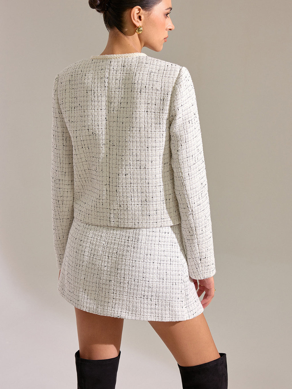 Metal Detail Knot Button Tweed Jacket