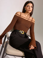 Flared Cuff Wool Blend Off-Shoulder Knit Top