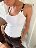 Ribbed Stretchy Faux Leather Buckle Vintage Tank Top