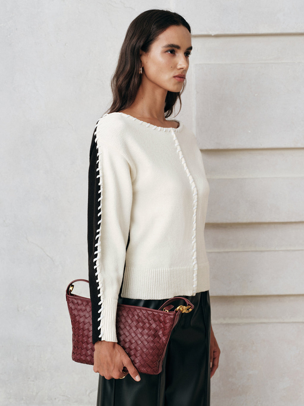 Contrast-Panel Stitch-Trim Knit Top