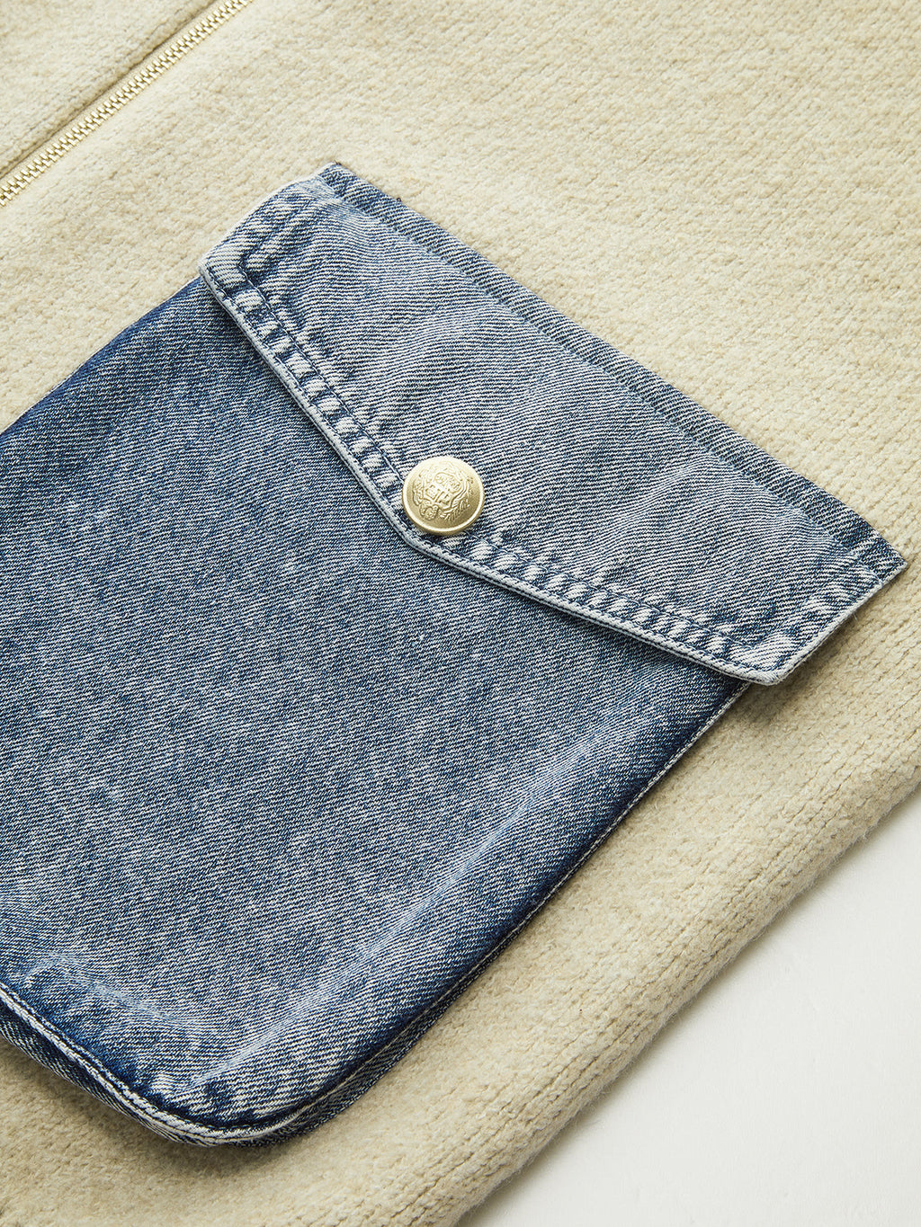 Denim Panel Zipper-Front Knit Cardigan