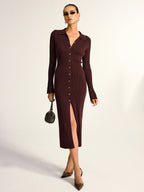 Metal Button Collar Ribbed Knit Midi Dress