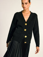 Metal Button V-Neck Wool Blend Cardigan