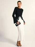 Lace Hem Bell Sleeve Wool Blend Knit Top