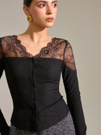 Lace Panel Ribbed Knit T-Shirt