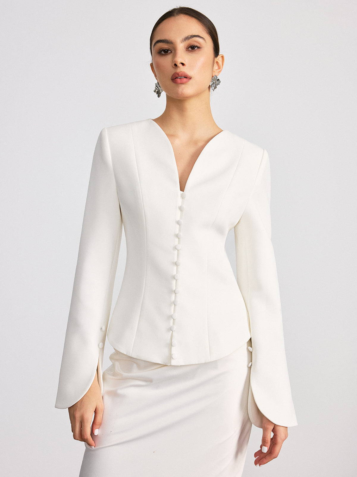 Button Front Flared Cuff Fitted Blazer
