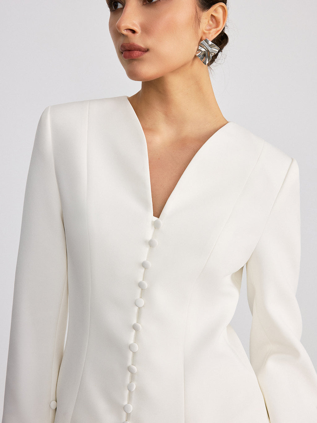Button Front Flared Cuff Fitted Blazer