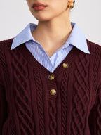 2 in 1 Striped Shirt Panel Cable Knit Top