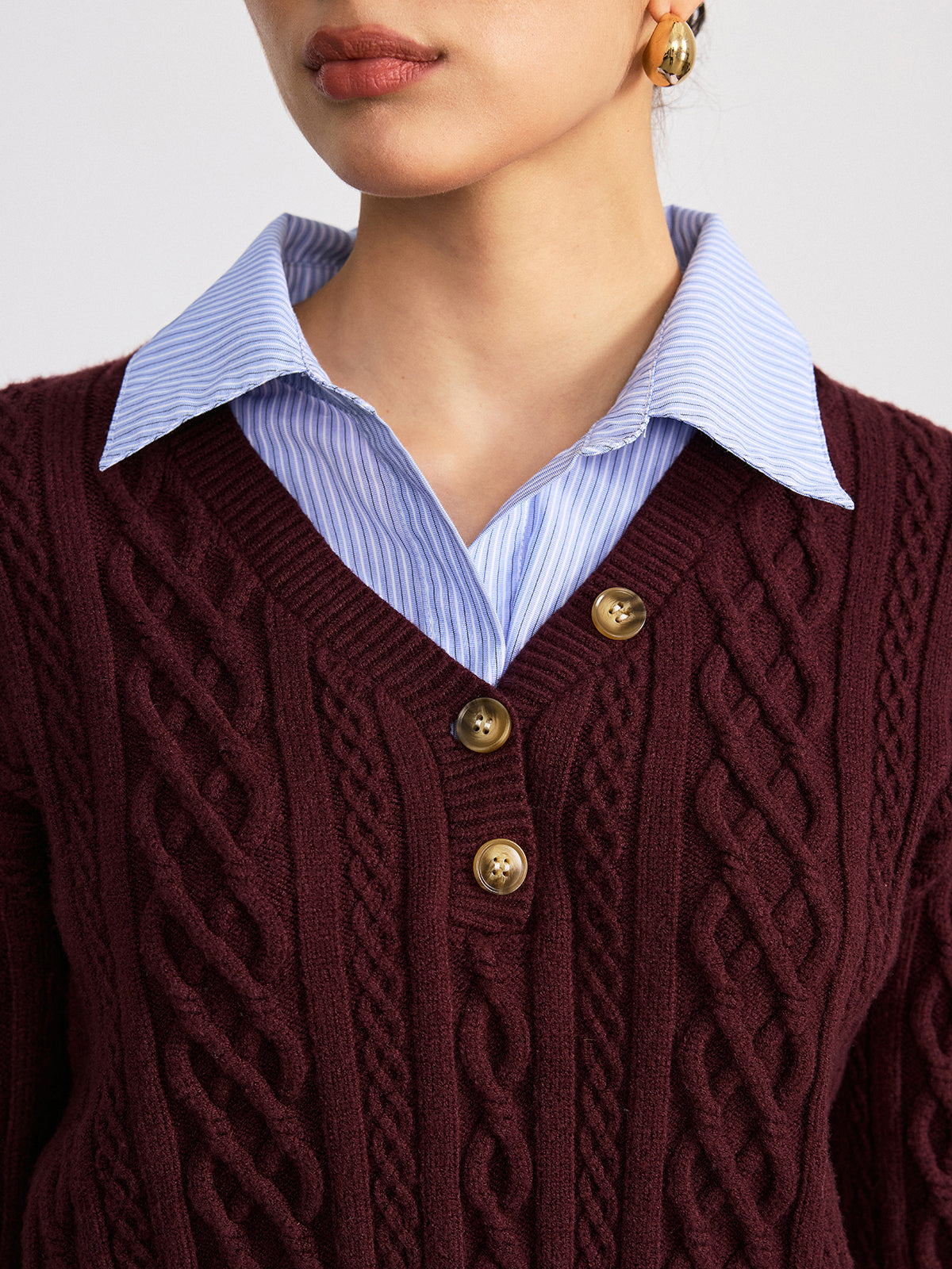 2 in 1 Striped Shirt Panel Cable Knit Top