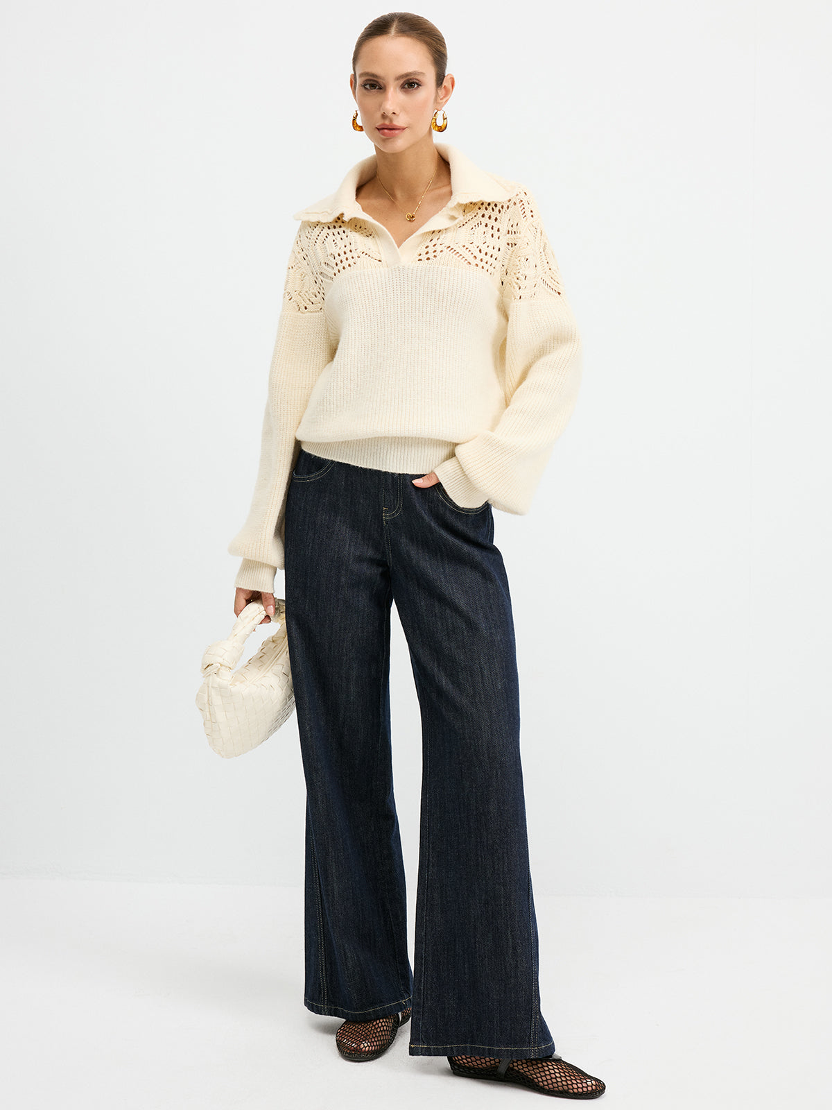 Openwork Polo Knit Sweater