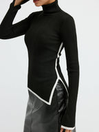 Turtleneck Contrast Trim Slit Wool Blend Knit Top