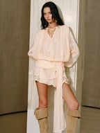Semi-Sheer Tiered Draped Tie-Waist Mini Dress