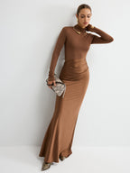 Satin Panel Mock Neck Long Sleeve Maxi Dress