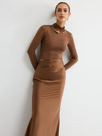 Satin Panel Mock Neck Long Sleeve Maxi Dress