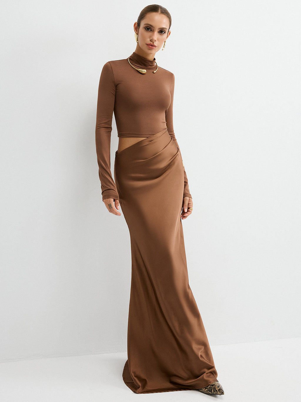Satin Panel Mock Neck Long Sleeve Maxi Dress