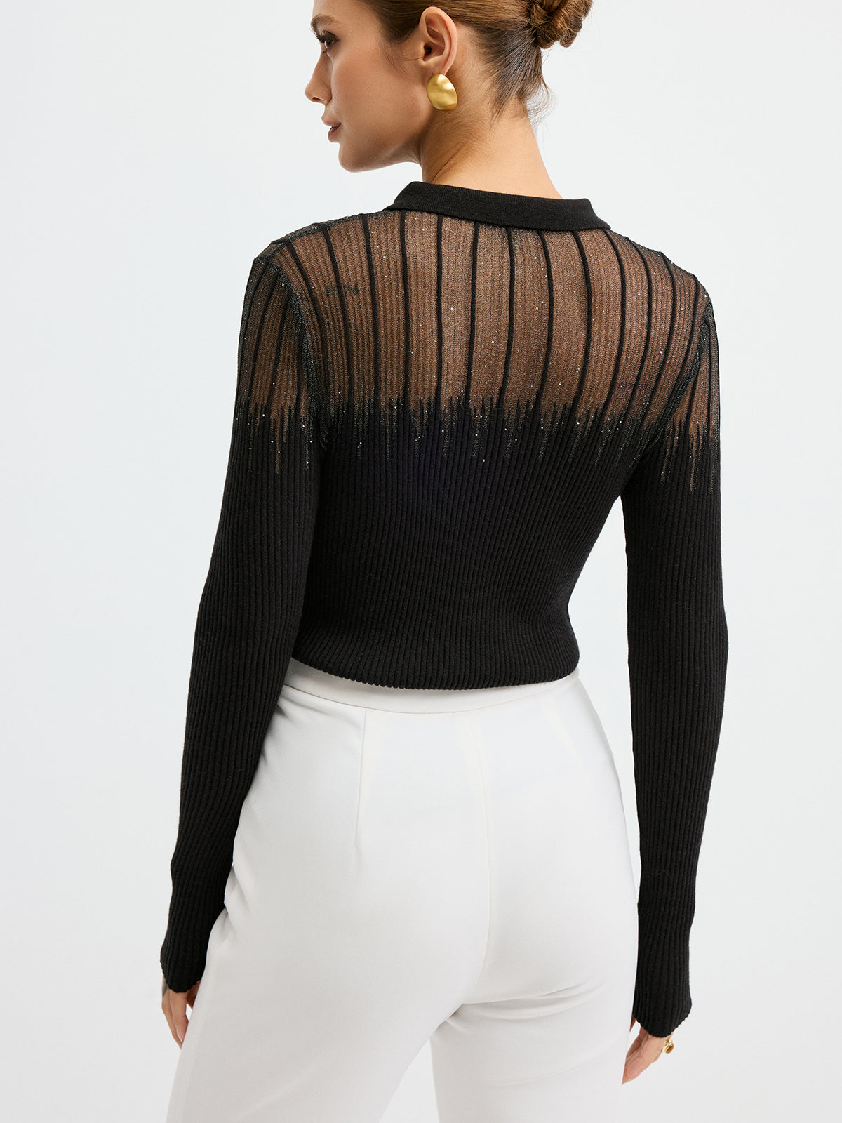 Glitter Detail Sheer Panel  Polo Knit Top