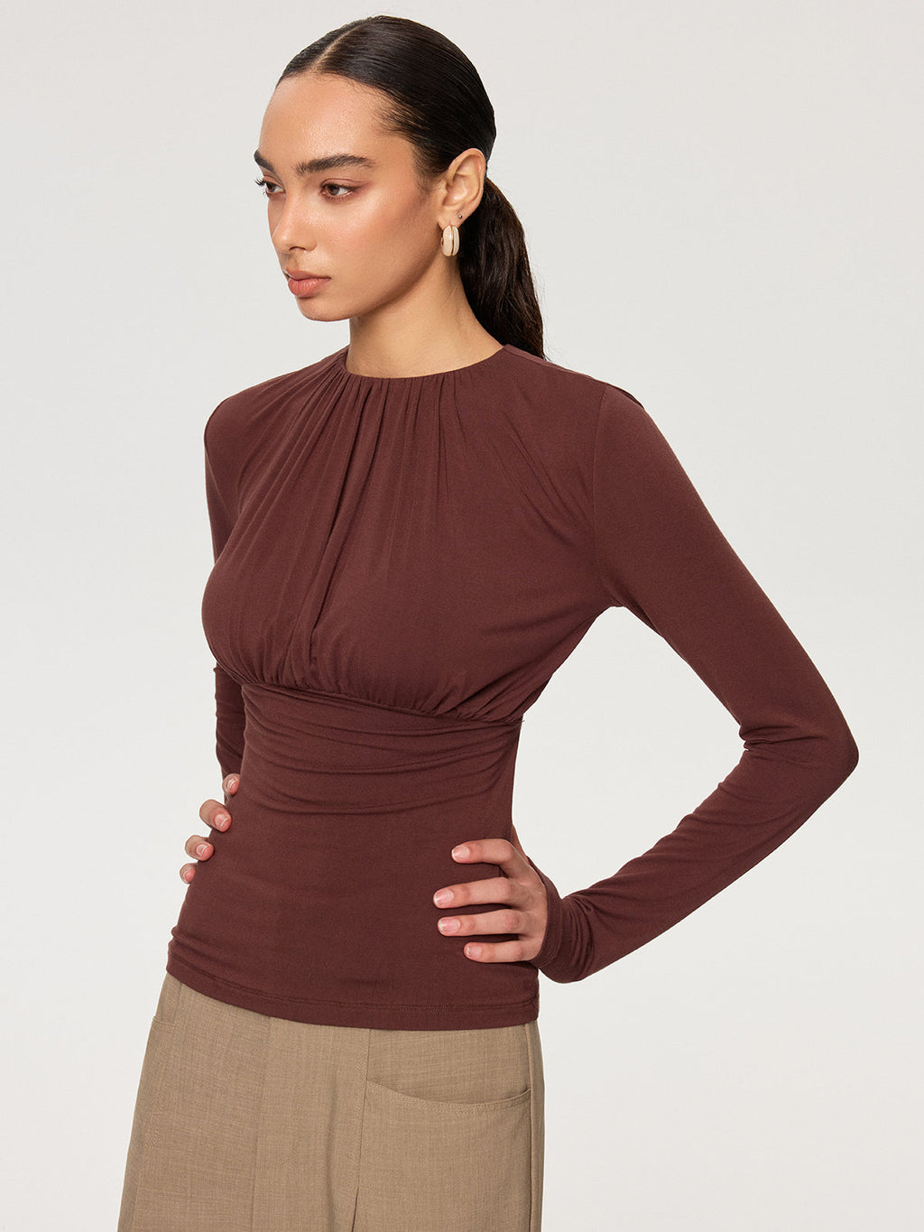 Ruched Long Sleeve Round Neck Knit Blouse