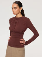 Ruched Long Sleeve Round Neck Knit Blouse
