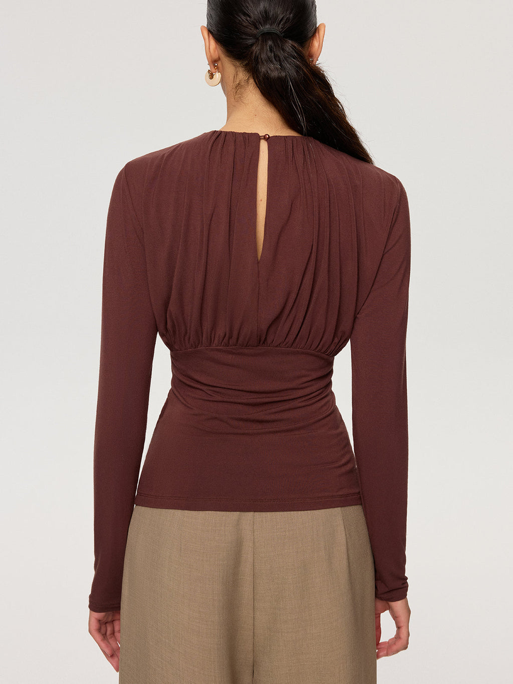 Ruched Long Sleeve Round Neck Knit Blouse