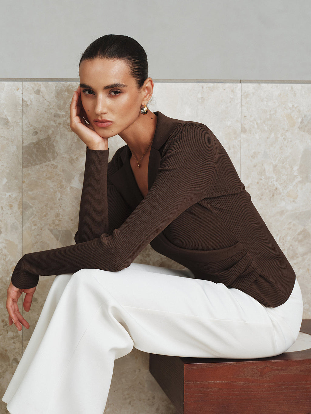 Ribbed Knit Collared Top