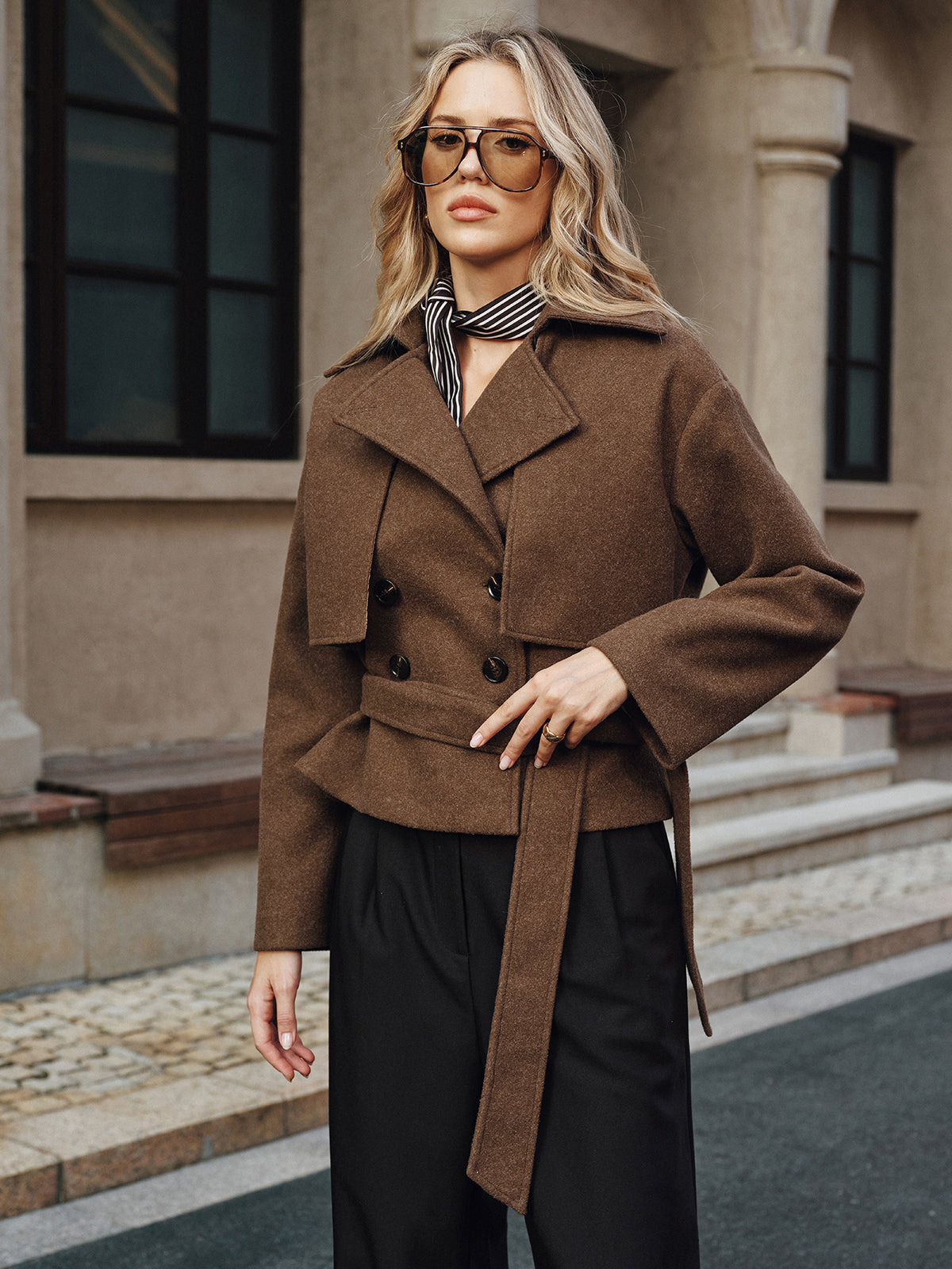 Belted Double-Breasted Tweed Coat