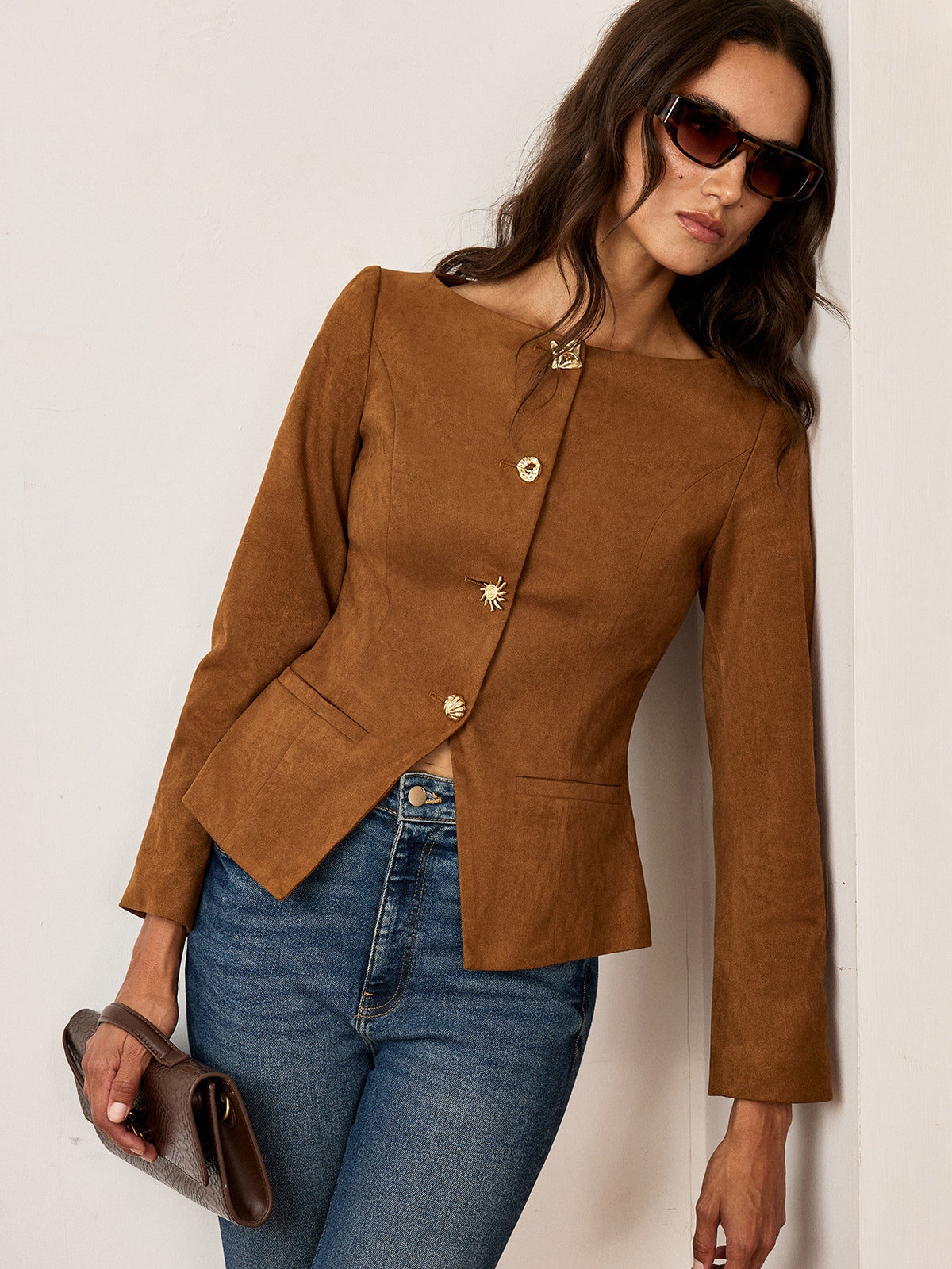 Suede Effect Fitted Metal Button Jacket