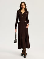 Lapel Metal Detail Knit Maxi Dress