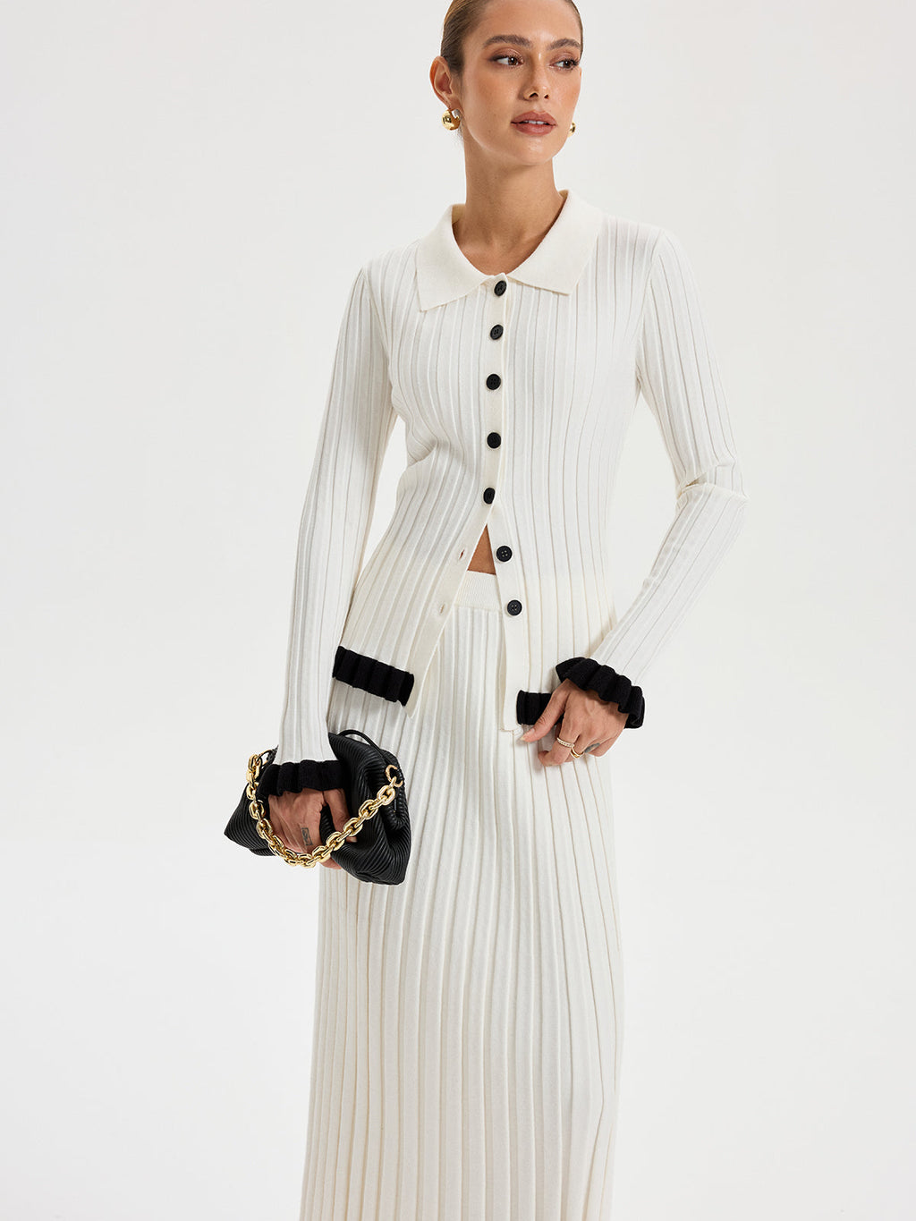 Rib-knit Cardigan with Contrasting Ruffles