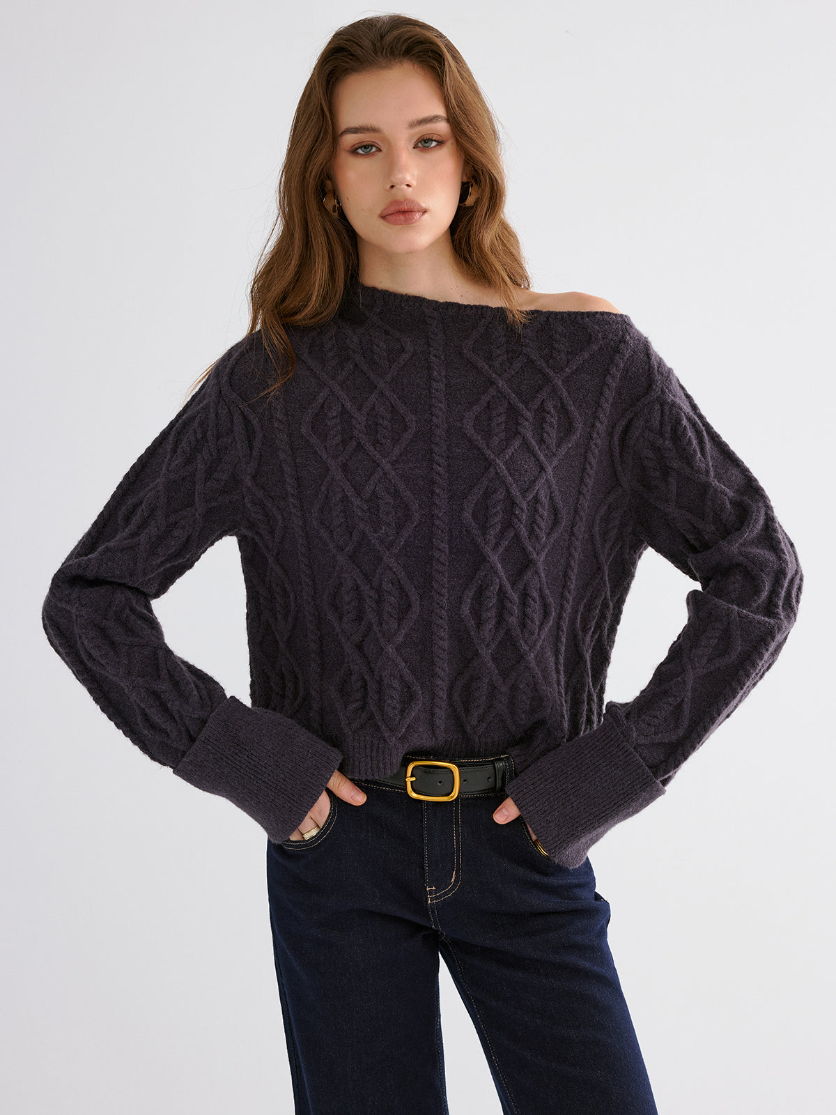Cable Knit Off-shoulder Sweater
