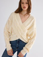 Cable Knit Cross-Front V-Neck Sweater