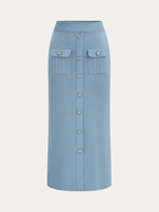 Metal Button Collared Cardigan and Midi Skirt Set