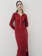 Collared Knit Top and Slit Skirt Set