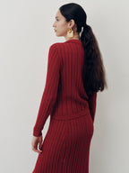 Collared Knit Top and Slit Skirt Set