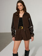 Faux Leather Panel Corduroy Zip-Up Jacket