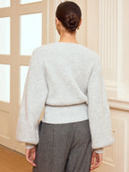 Cable Knit Wrap V-Neck Balloon Sleeve Sweater