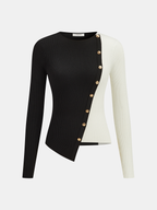 Asymmetric Color Block Metal Button Ribbed Knit Top
