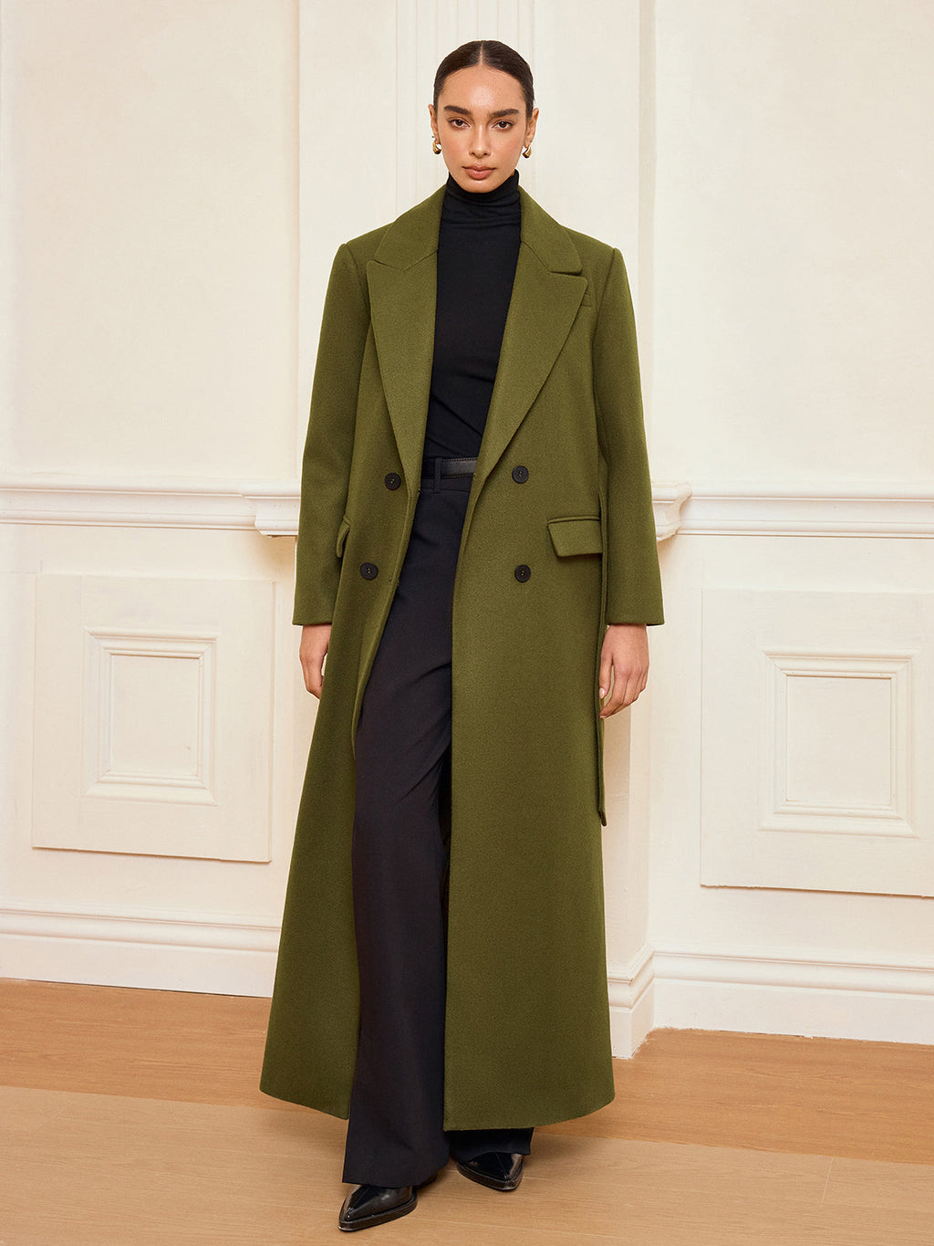 Double-Breasted Belted Long Coat
