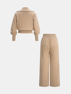 Knitted Zip-Up Jacket and Wide-Leg Pants Set