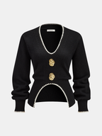 Buttoned Contrast Fringe Split Sweater