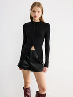 Button-Front Long-Sleeve Rib-Knit Top
