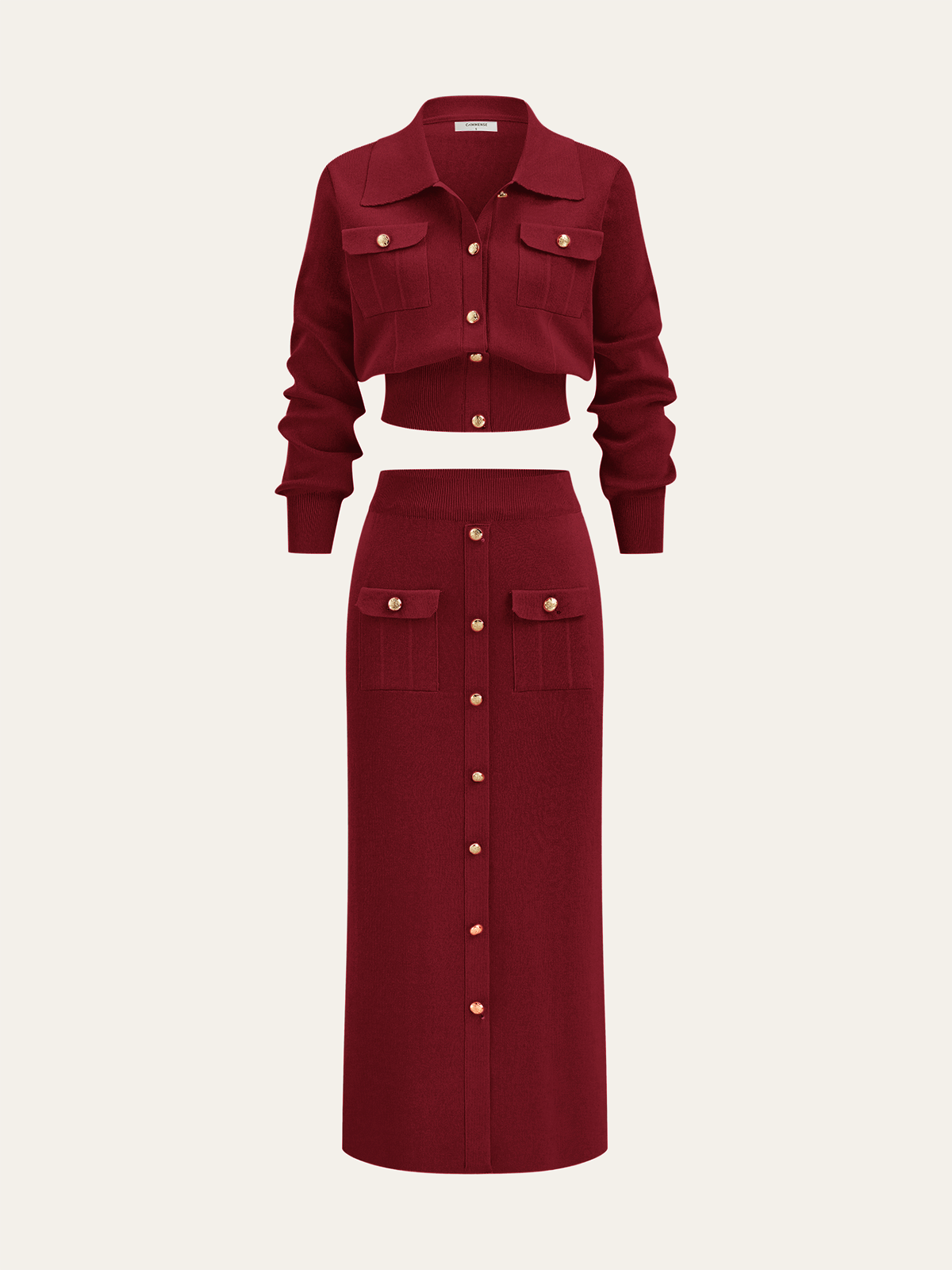 Metal Button Collared Cardigan and Midi Skirt Set