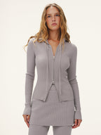 Hooded Ribbed Zip Cardigan
