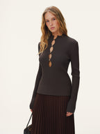 Metal Detail Cut-Out Mock Neck Fitted Sweater