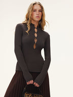 Metal Detail Cut-Out Mock Neck Fitted Sweater