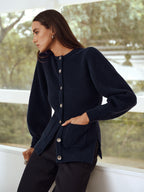 Button-Front Crew Neck Ribbed Knit Cardigan